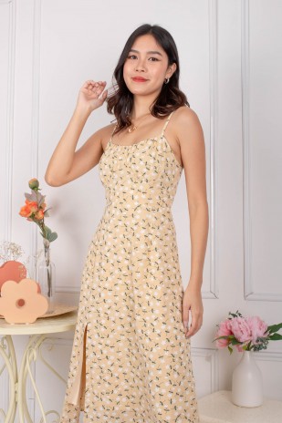 Myka Floral Ruched Midi Dress in Yellow