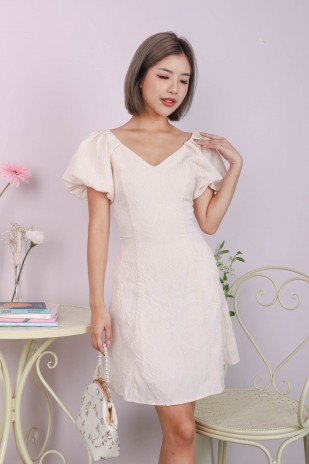 Lovi Textured V-Neck Puff Dress in Cream