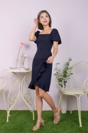 Cyra Square-Neck Puff Dress in Navy