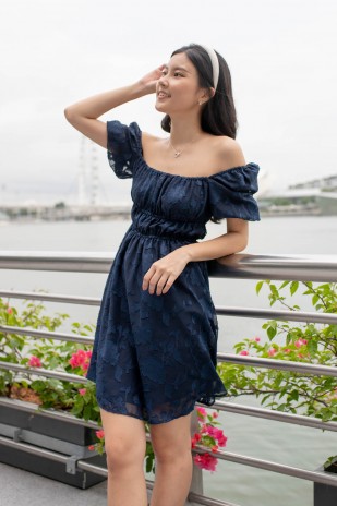 Raleigh Lace Puff Sleeve Dress in Navy