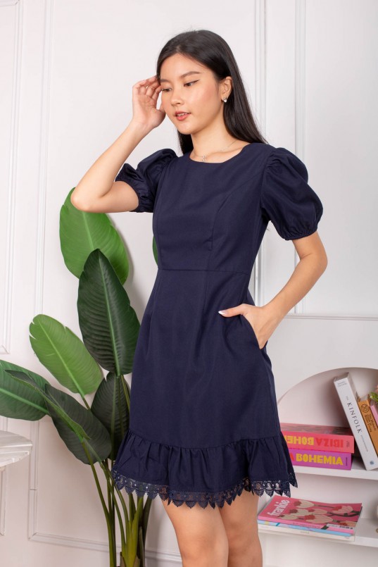 Lucie Ruffle Puff Dress in Navy