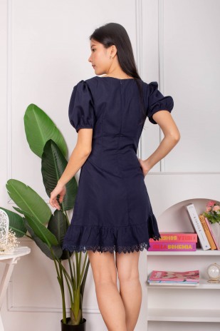 Lucie Ruffle Puff Dress in Navy