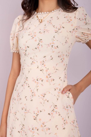 Mindy Floral Lace Trim Dress in Apricot