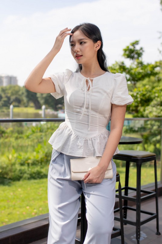 Tyrie Tie-Front Puff Top in White