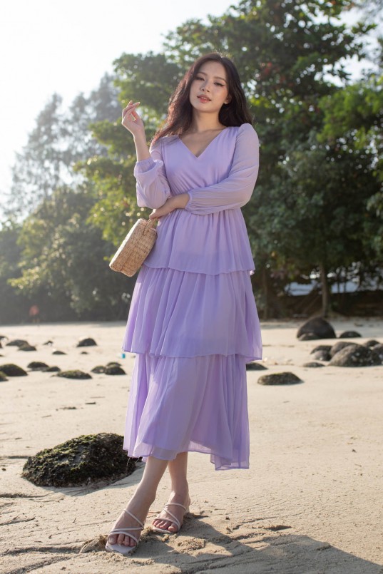 Renia Tiered Maxi Dress in Lavender