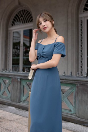 Azura Cold-Shoulder Twist Dress in Steel Blue