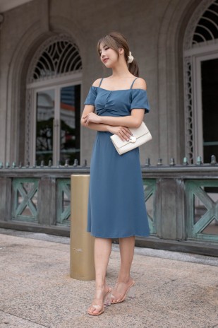 Azura Cold-Shoulder Twist Dress in Steel Blue