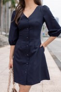 Zayna Button Sleeved Dress in Navy