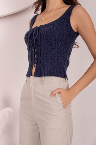 Koda Lace-Up Knit Top in Navy