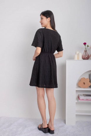 Meliora V-Neck Textured Flare Dress in Black