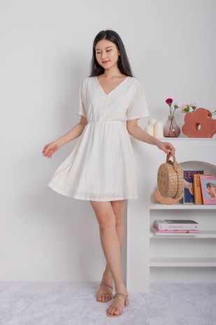 Meliora V-Neck Textured Flare Dress in Cream