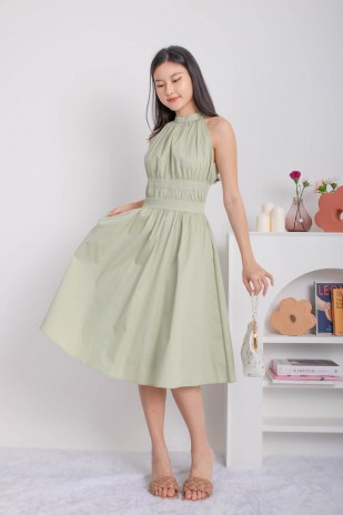 Lamont Halter Flare Dress in Tea Green