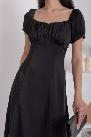 Elodie Ruched Puff Midi Dress in Black