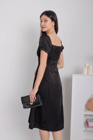 Elodie Ruched Puff Midi Dress in Black