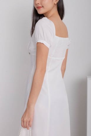 Elodie Ruched Puff Midi Dress in White
