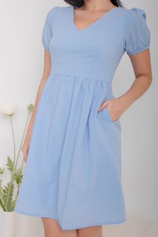 Jorah V-Neck Puff Dress in Blue