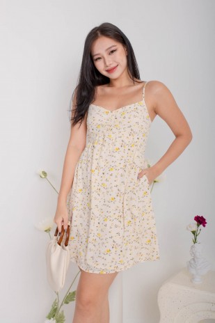Fayha Floral Ruched Dress in Cream