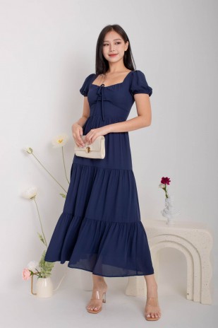 Lynna Tie-Front Tiered Maxi in Navy