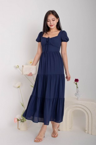 Lynna Tie-Front Tiered Maxi in Navy