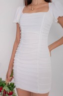 Magnus Square-Neck Ruched Dress in White