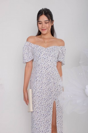 Faunia Floral Puff Slit Dress in Blue