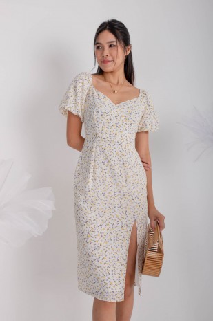 Faunia Floral Puff Slit Dress in Yellow