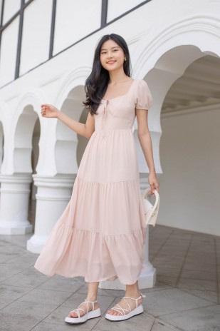 Lynna Tie-Front Tiered Maxi in Blush