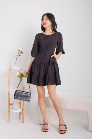 Daphine Button Sleeved Tiered Dress in Black