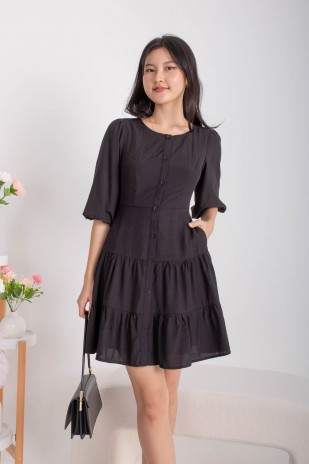 Daphine Button Sleeved Tiered Dress in Black