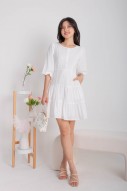 Daphine Button Sleeved Tiered Dress in White