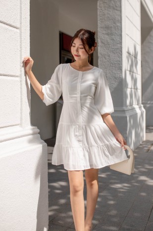 Daphine Button Sleeved Tiered Dress in White
