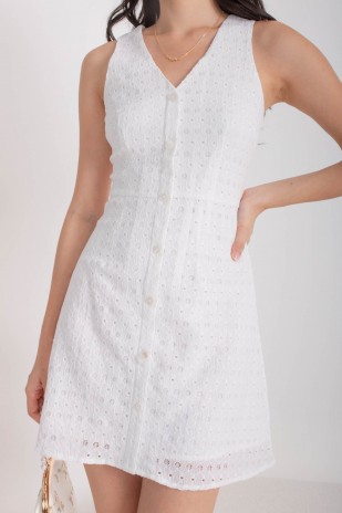 Bollie Broderie V-Neck Button Dress in White