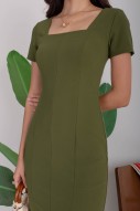 Evander Square-Neck Panel Dress in Olive