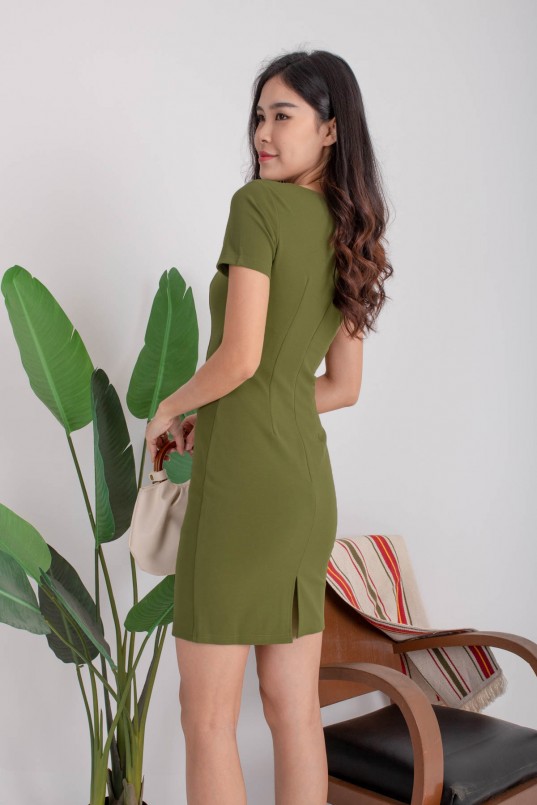 Evander Square-Neck Panel Dress in Olive