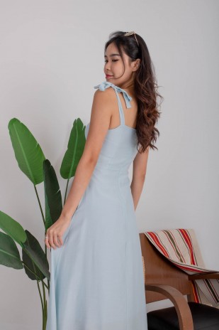 Lenora Tie-Straps Ruched Maxi Dress in Aqua