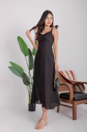 Lenora Tie-Straps Ruched Maxi Dress in Black