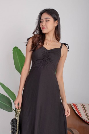 Lenora Tie-Straps Ruched Maxi Dress in Black