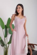 Lenora Tie-Straps Ruched Maxi Dress in Blush