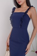 Stelly Straight-Neck Lace Dress in Navy