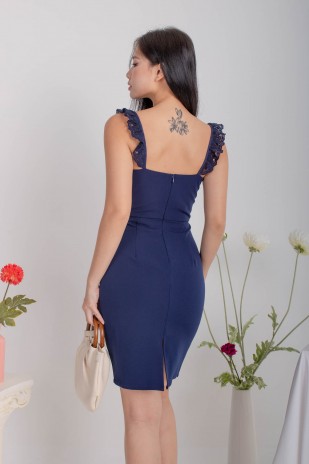 Stelly Straight-Neck Lace Dress in Navy