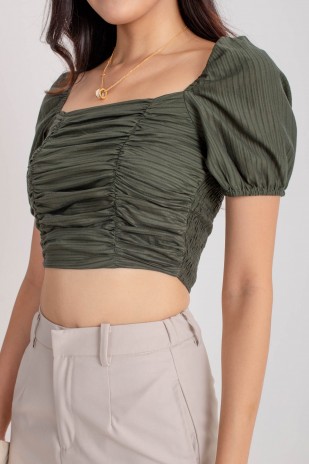 Liope Ruched Sleeved Top in Olive