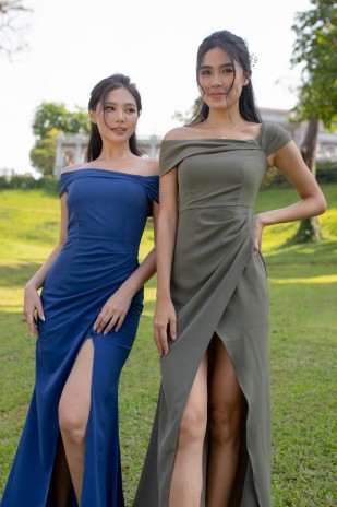 RESTOCK6: Viore Off-Shoulder Overlap Dress in Artichoke