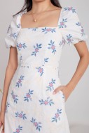 Jadiel Floral Embroidered Puff Dress in Blue