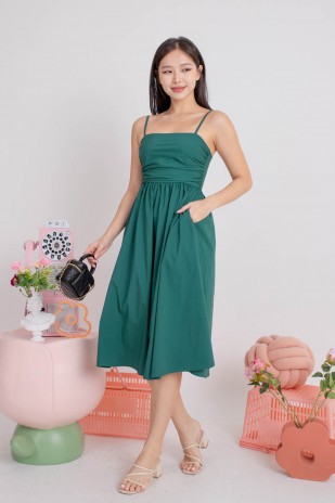 Arbella Ruched Flare Midi Dress in Teal