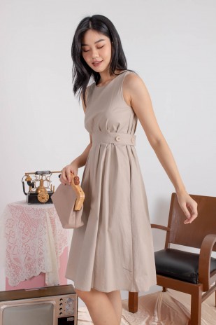 Fydra Side Button Flare Dress in Sand