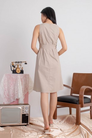 Fydra Side Button Flare Dress in Sand