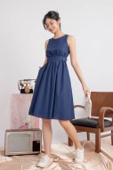 Fydra Side Button Flare Dress in Navy