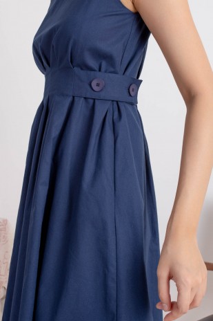 Fydra Side Button Flare Dress in Navy