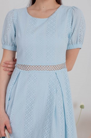 Erine Lace Embroidery Puff Dress in Blue