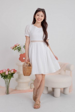 Erine Lace Embroidery Puff Dress in White